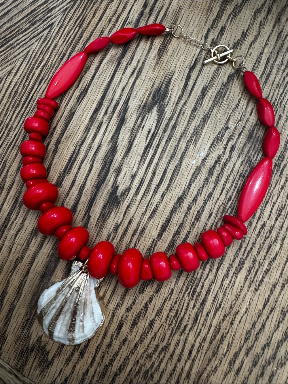 Red Beaded Necklace with Natural Real shel Pendant - Women's Fashion Necklace